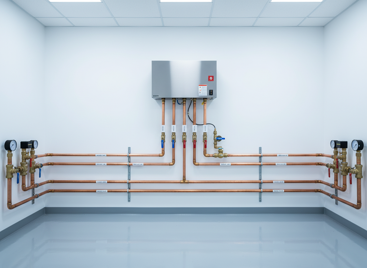 An immaculate mechanical room featuring a modern tankless water heater mounted on a painted white wall, surrounded by meticulously aligned copper pipes, color-coded shutoff valves, and neatly labeled pressure gauges. The copper lines have a warm metallic sheen, each bracketed at exact intervals, giving a sense of engineered order. The floor is spotless gray epoxy, reflecting a subtle sheen. Cool, even LED ceiling lighting illuminates the space, creating crisp shadows and highlighting the precision of every connection. Captured straight-on at eye level with a wide lens, everything is in sharp focus, conveying reliability, safety, and technical expertise. The photographic style is clean and professional, with a calm, controlled atmosphere that emphasizes long-term quality and legacy-level workmanship.