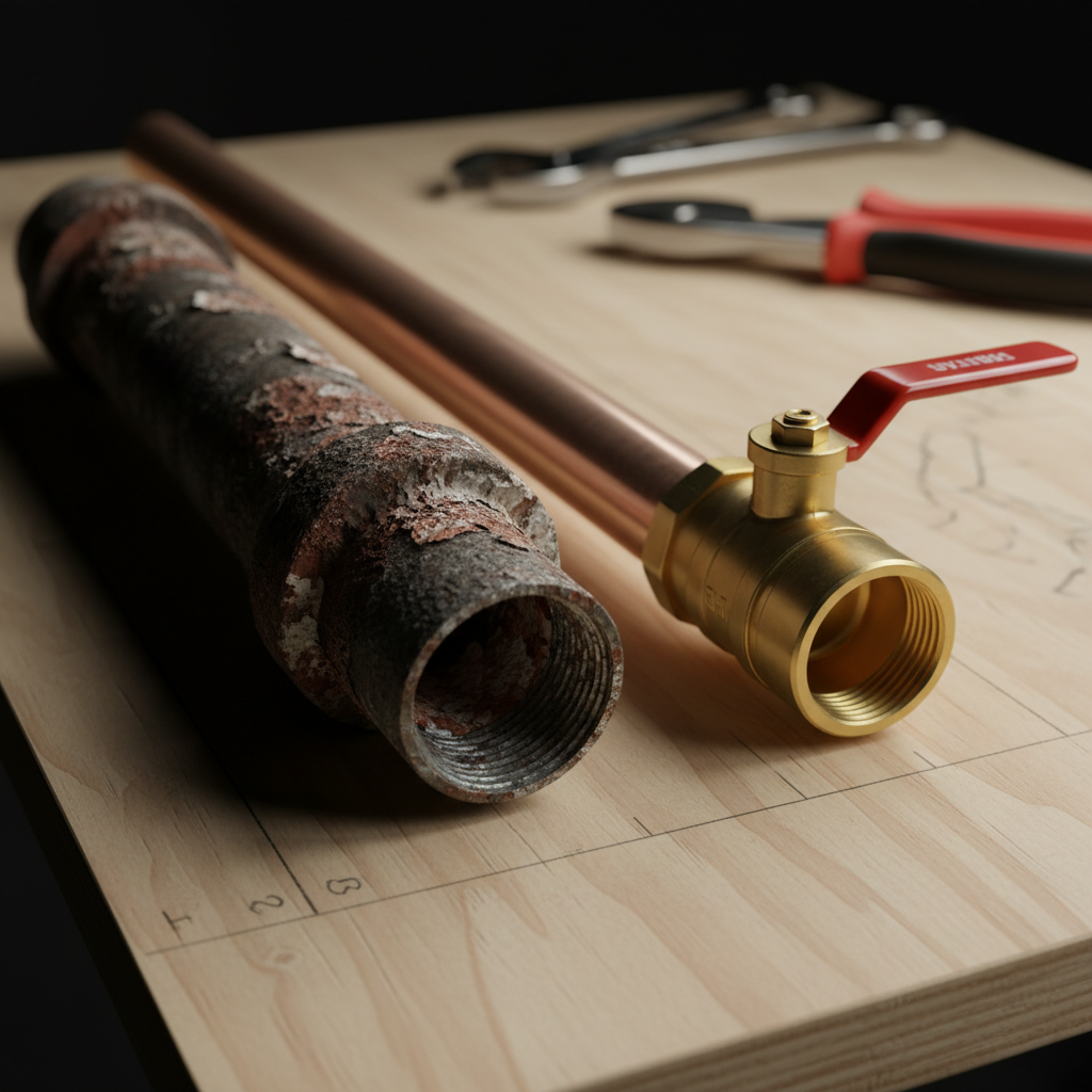 A dramatic, photographic close-up of a severely corroded old galvanized pipe section lying beside a newly installed, gleaming copper pipe on a clean workbench. The old pipe is dark, rough, and flaking, with mineral buildup at the joints, while the new copper pipe shines with a warm, polished tone, perfectly cut and deburred, with a flawless brass shutoff valve attached. The workbench surface is smooth plywood with a few faint pencil markings and measurement lines. Focused overhead workshop lighting creates strong contrast, emphasizing the texture difference between decay and renewal. Shot from a low, angled perspective with shallow depth of field, the background fades into soft blur with a few out-of-focus tools. The mood is confident and reassuring, highlighting the legacy of improvement and long-term reliability in a clean, realistic style.