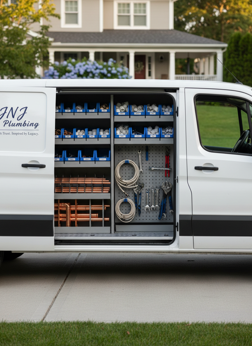 A neatly organized plumbing service van parked in a clean residential driveway, side doors open to reveal well-labeled shelves filled with gleaming copper pipes, PVC fittings, neatly coiled hoses, and polished metal tools arranged with precision. The white van is branded with a subtle JNJ Plumbing logo and the tagline “Built on Trust. Inspired by Legacy.” in dark blue lettering. Captured in soft late-afternoon natural light, the scene has gentle shadows and a calm, professional atmosphere. Shot at eye level with moderate depth of field, the house and manicured lawn behind are softly blurred, emphasizing reliability and readiness. Photographic realism, clean and modern, with a focus on order, trust, and professionalism.