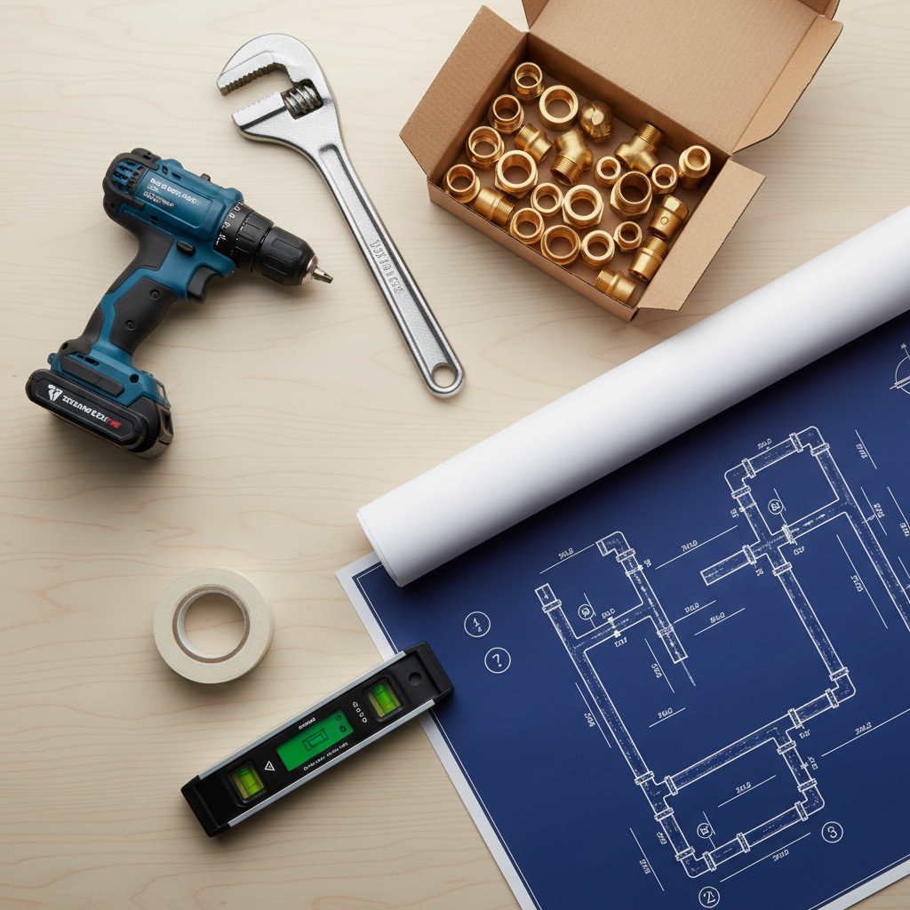 A detailed, photographic overhead view of an organized plumber’s workbench displaying the tools of a legacy trade. On a clean, light wood surface lie a gleaming pipe wrench, a compact cordless drill, an open box of neatly arranged brass fittings, a roll of Teflon tape, a digital level, and a blueprint-style plumbing diagram partially unrolled. Each object is aligned with intentional spacing, creating visual harmony. Soft, diffused studio lighting from above casts gentle, uniform shadows, avoiding clutter or harsh contrasts. The composition uses rule-of-thirds placement, with the blueprint drawing the eye diagonally across the frame. The mood is methodical, dependable, and professional, emphasizing preparation and expertise in a clean, modern, photographic realism style that reflects both tradition and contemporary precision.