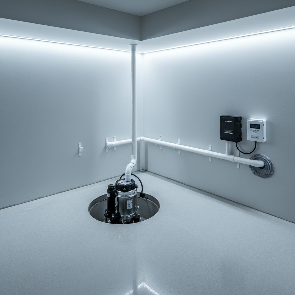 A clean, modern home basement scene with a brand-new sump pump system installed in a circular pit surrounded by freshly sealed concrete. A rigid white PVC discharge pipe runs vertically, then across the wall with carefully aligned brackets, leading to an exterior exit point. Next to the pit, a neatly mounted battery backup unit and labeled control box are fixed on the wall. Cool, even LED lighting fills the space, eliminating harsh shadows and revealing every detail. Shot from a slightly elevated corner angle with a wide field of view, everything is in crisp focus, showcasing order and preparedness. The atmosphere is calm and secure, conveying protection and peace of mind through professional, realistic plumbing work in a photographic, trustworthy style.