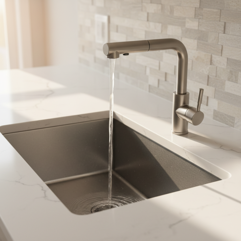 A close-up, photographic view of a pristine, newly installed kitchen sink and faucet assembly. The stainless steel undermount sink has a satin finish, set into a smooth white quartz countertop with subtle gray veining. A high-arc brushed nickel faucet with a pull-down sprayer stands centered, water flowing in a clear, controlled stream into the empty basin. The background shows a softly blurred tile backsplash in neutral tones. Morning daylight filters in from an unseen window, casting soft highlights along the metal surfaces and creating delicate reflections in the water. Shot from a slightly elevated angle with shallow depth of field, the mood is clean, precise, and trustworthy, emphasizing craftsmanship and attention to detail in a photographic realism style.