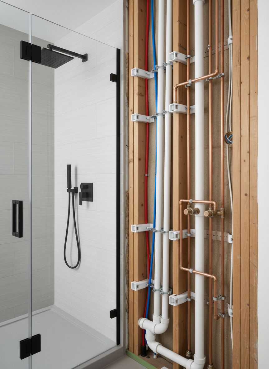 A cutaway-style bathroom wall revealing a meticulously installed network of plumbing behind a finished interior. On one side, a modern, fully tiled shower with a glass panel and matte black fixtures; on the other, the cross-section of the wall shows perfectly aligned PVC drain lines, copper supply lines with clean solder joints, and secure brackets anchoring everything to the studs. The tiles are light gray with subtle texture, and the pipes contrast in white and warm metallic tones. Soft, diffused overhead lighting evenly illuminates both the finished and hidden sides, symbolizing transparency and trust. Shot in a slightly angled, wide composition with sharp focus throughout, the mood is educational, professional, and reassuring, in a realistic, clean photographic style.